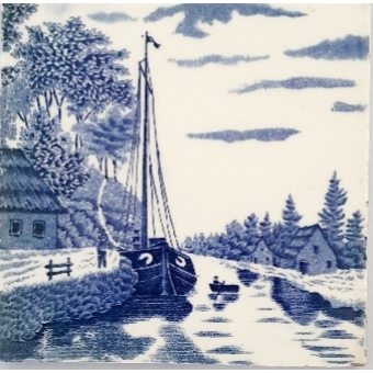 Blauw/witte tegel met boot en huisjes